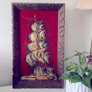 Mid-Century Modern Gold Ship on red velvet Painting Wood Frame